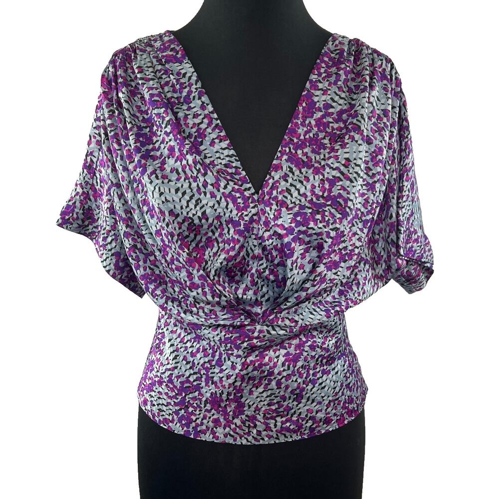 CYNTHIA STEFFE Purple Gray Print V Neck Dolman Sleeves Career Blouse Top XS